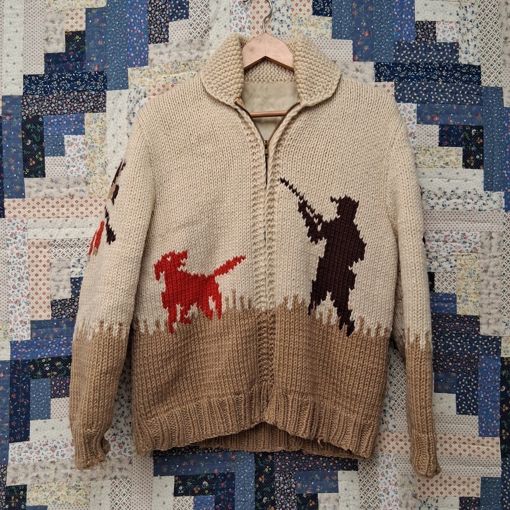 Vintage Pheasant Hunter & Bird dog Satin-Lined Cowichan Sweater Jacket Full‎ ZIP